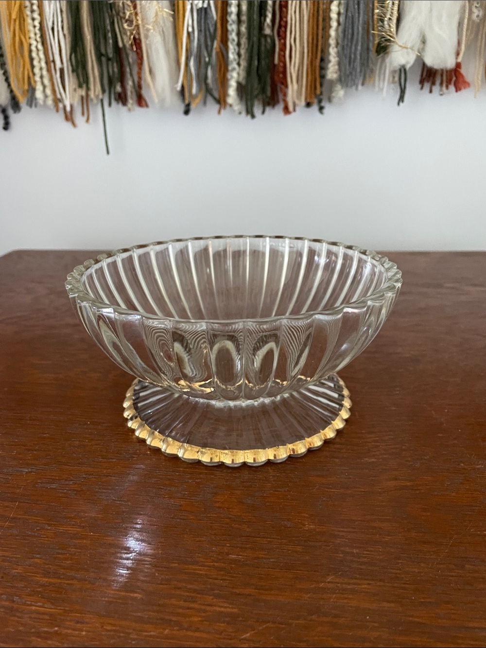 Glass Pedestal Dessert Bowl - candy dish with Gold Rim